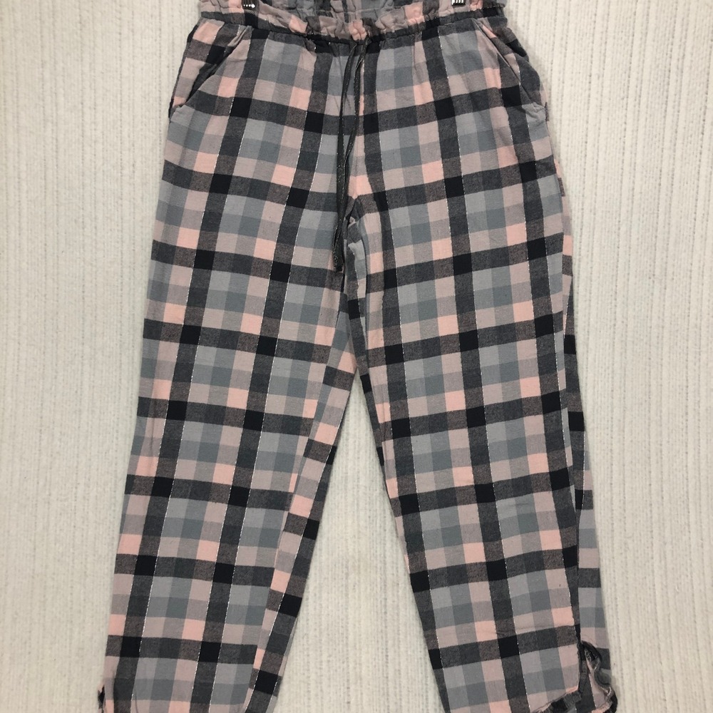 Joe Boxer Pink Grey Plaid Flannel Pajama Pants Metallic Silver Medium